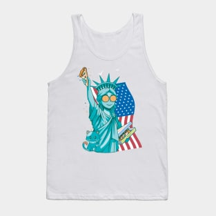 4th Of July, Statue of Liberty With U.S Flag and A lovely little Cat For National Pizza Day 2023 Tank Top